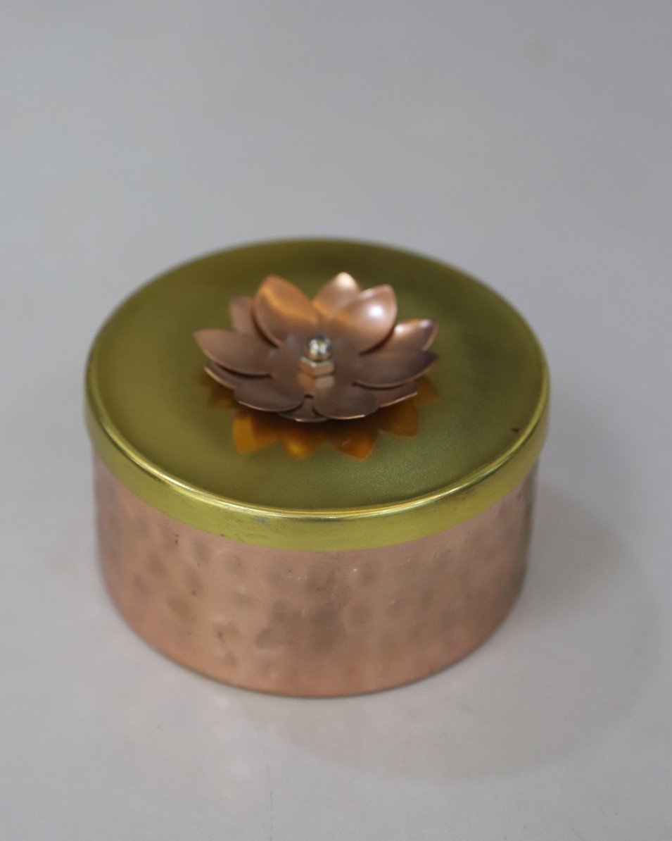 Flat Decorative Copper Jar with Lid - Image 3