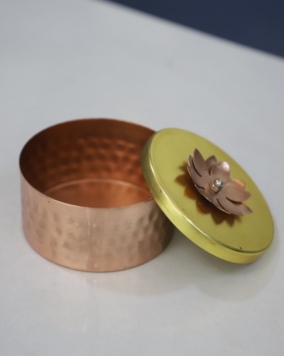 Flat Decorative Copper Jar with Lid - Image 4