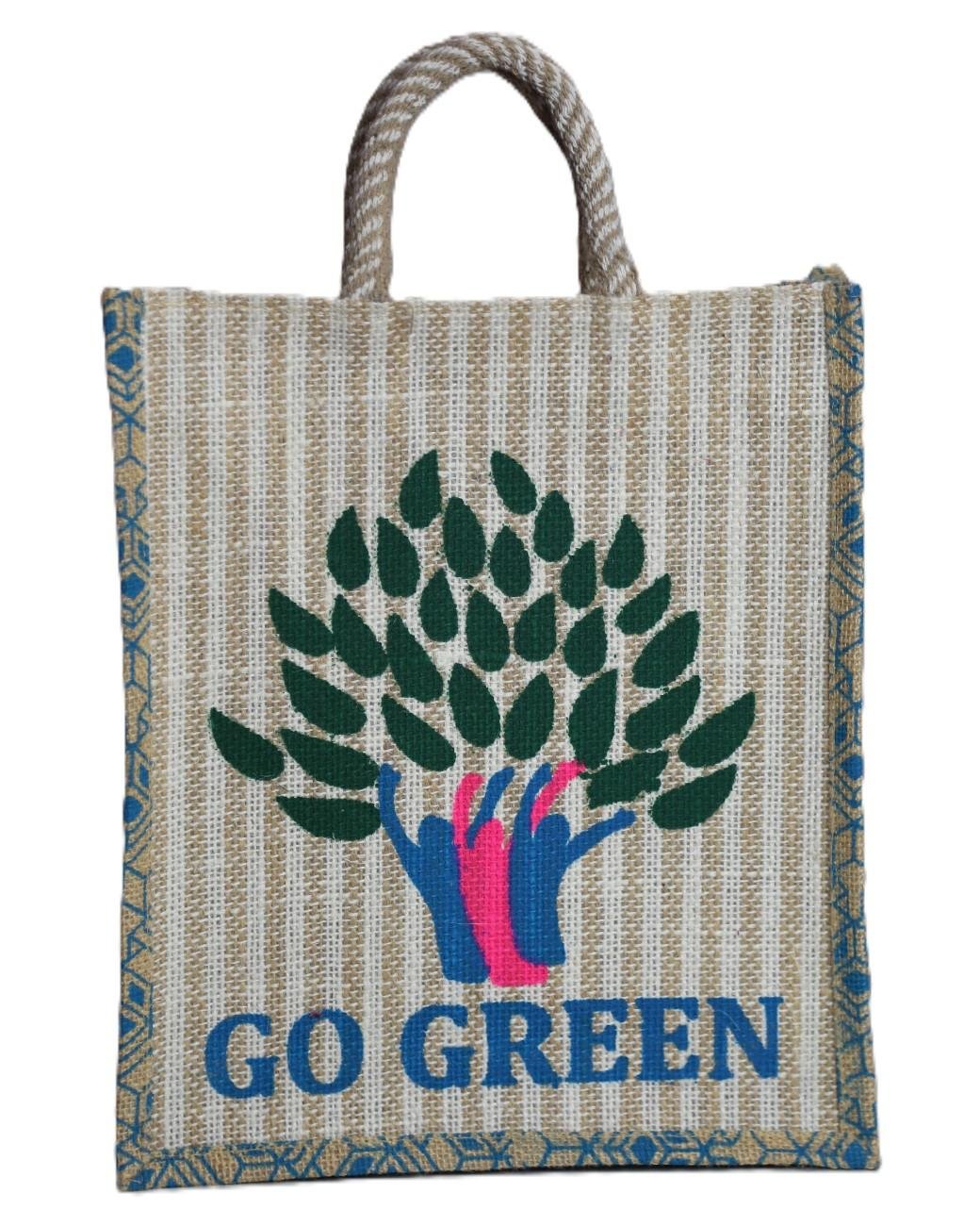jute bag-Go green printed with side color