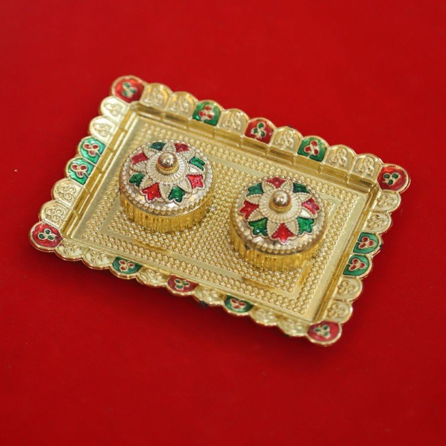 Decorative Fiber Kumkum Holder with Square Inner Box & Tray - Image 2
