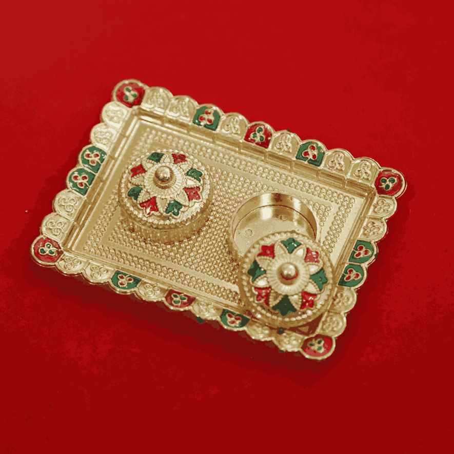 Decorative Fiber Kumkum Holder with Square Inner Box & Tray - Image 4