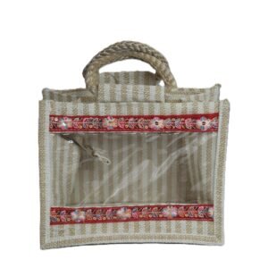 Transparent panel jute bag with color jari design