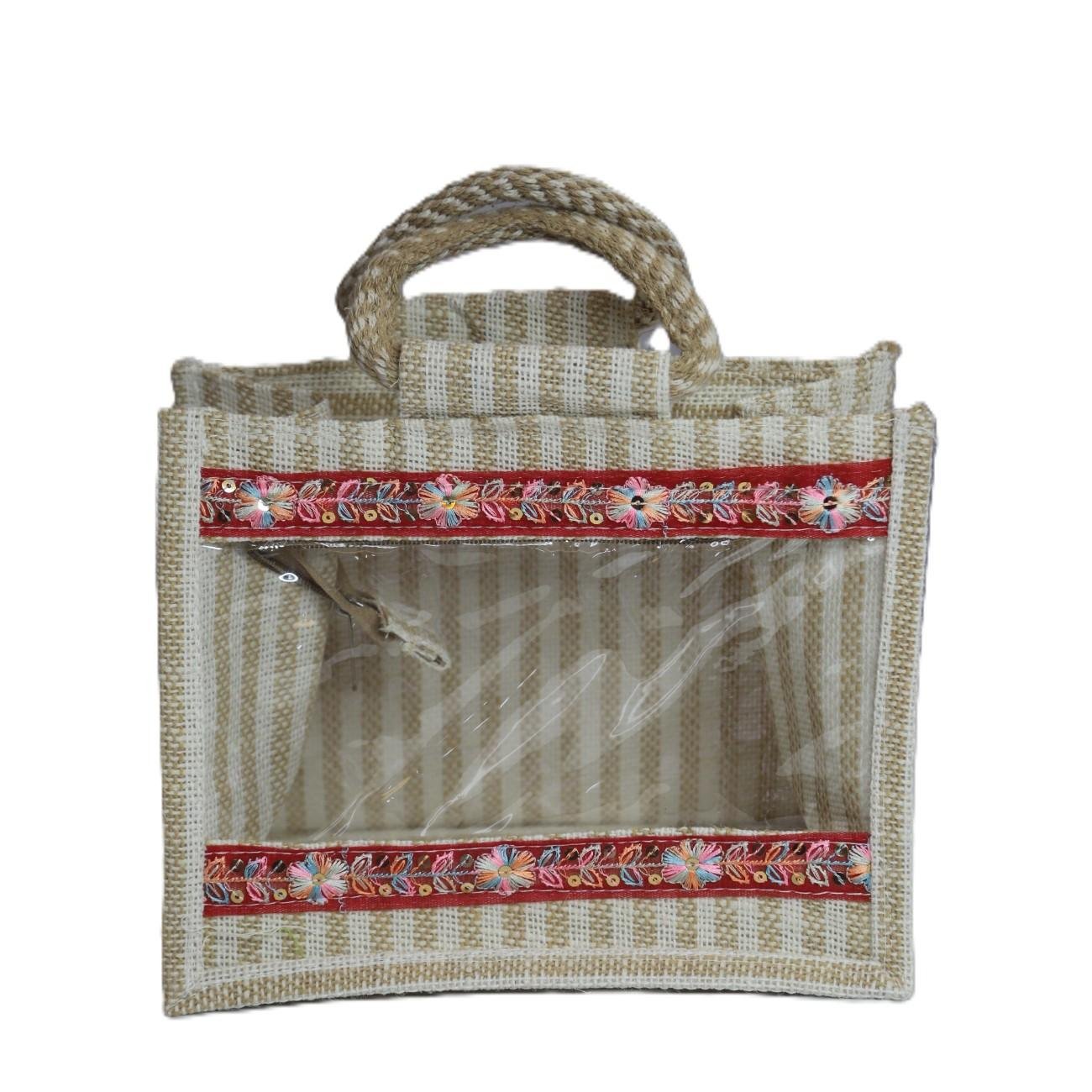 Transparent panel jute bag with color jari design