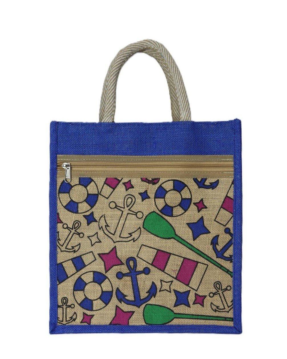 Jute bag  with Geometric & marine items printed shopping bag. - Image 4