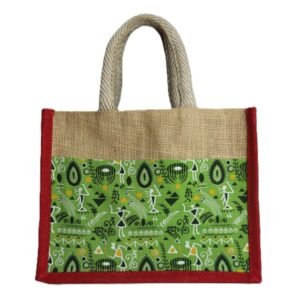 Jute bag with kalamkari cloth embroidered.