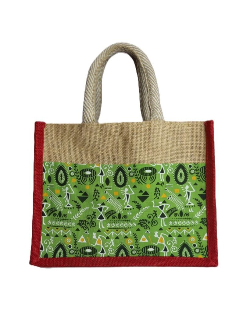 Jute bag with kalamkari cloth embroidered.