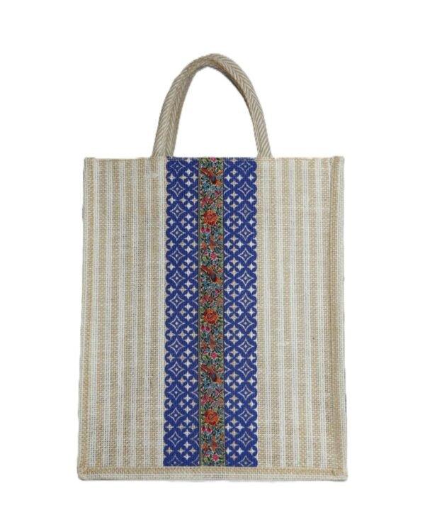 Jute bag with floral color stripe and jari