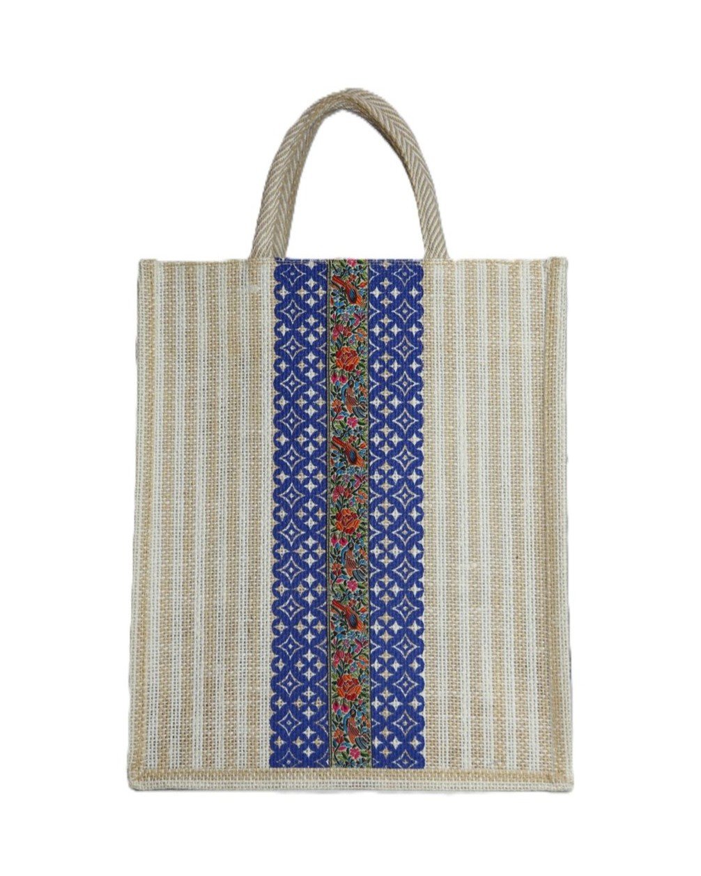 Jute bag with floral color stripe and jari