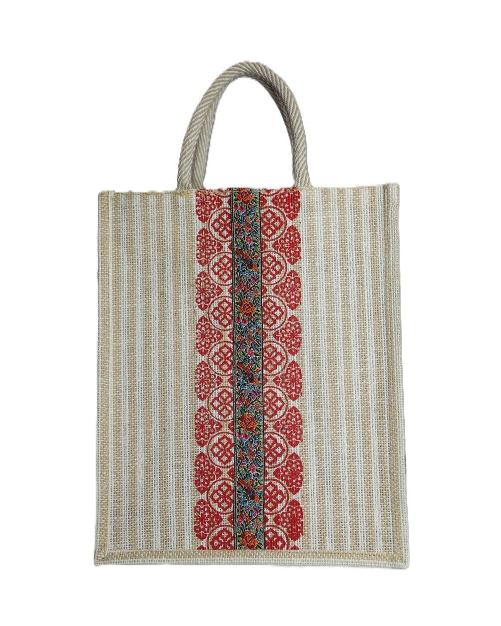 Jute Bag with colorful floral design and jari - Image 5