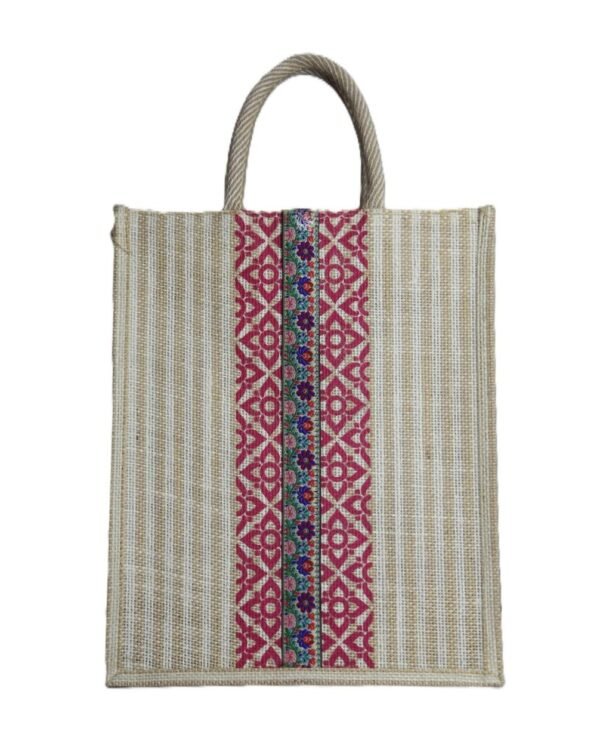 Jute Bag with colorful floral design and jari - Image 2