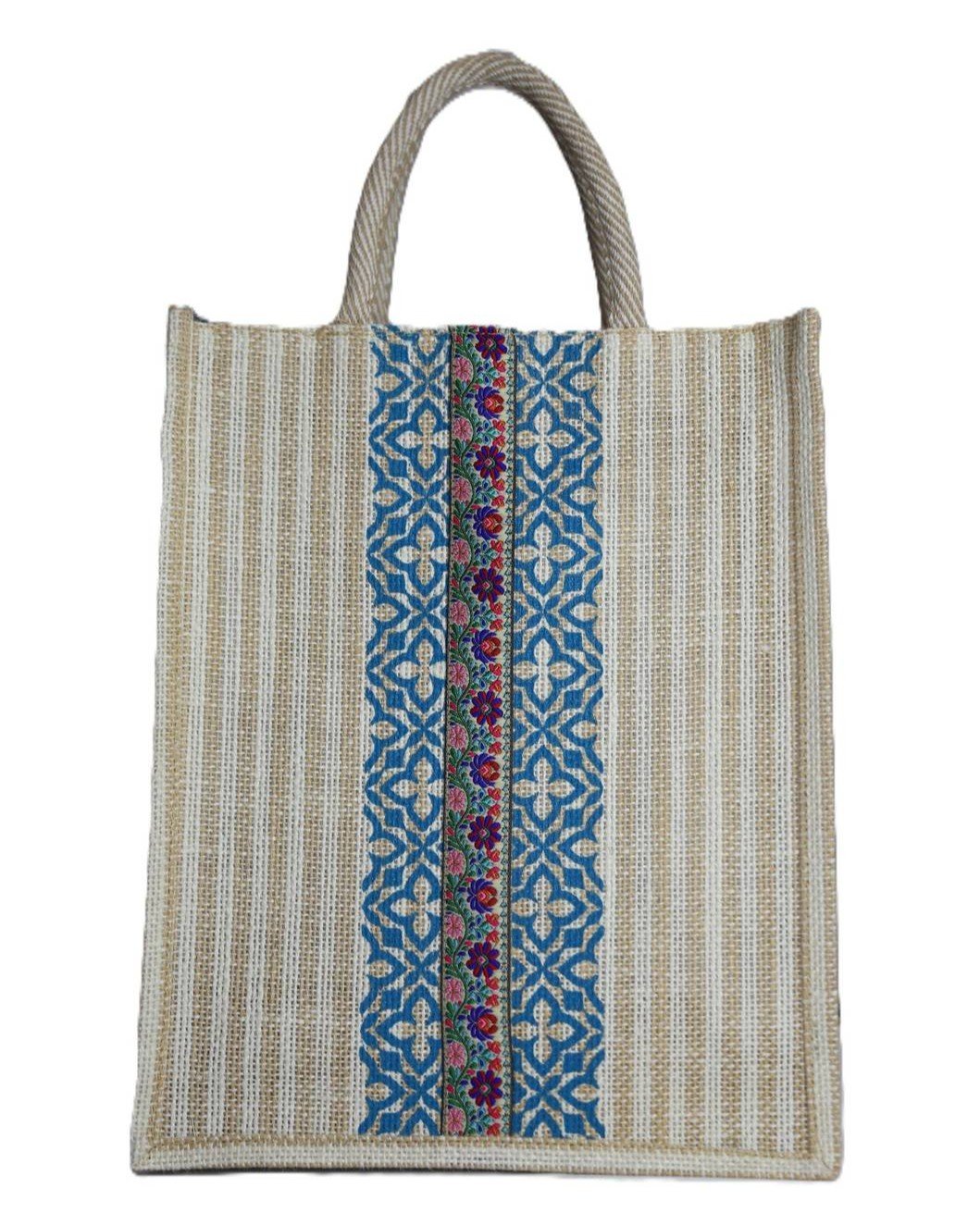 Jute Bag with colorful floral design and jari - Image 3