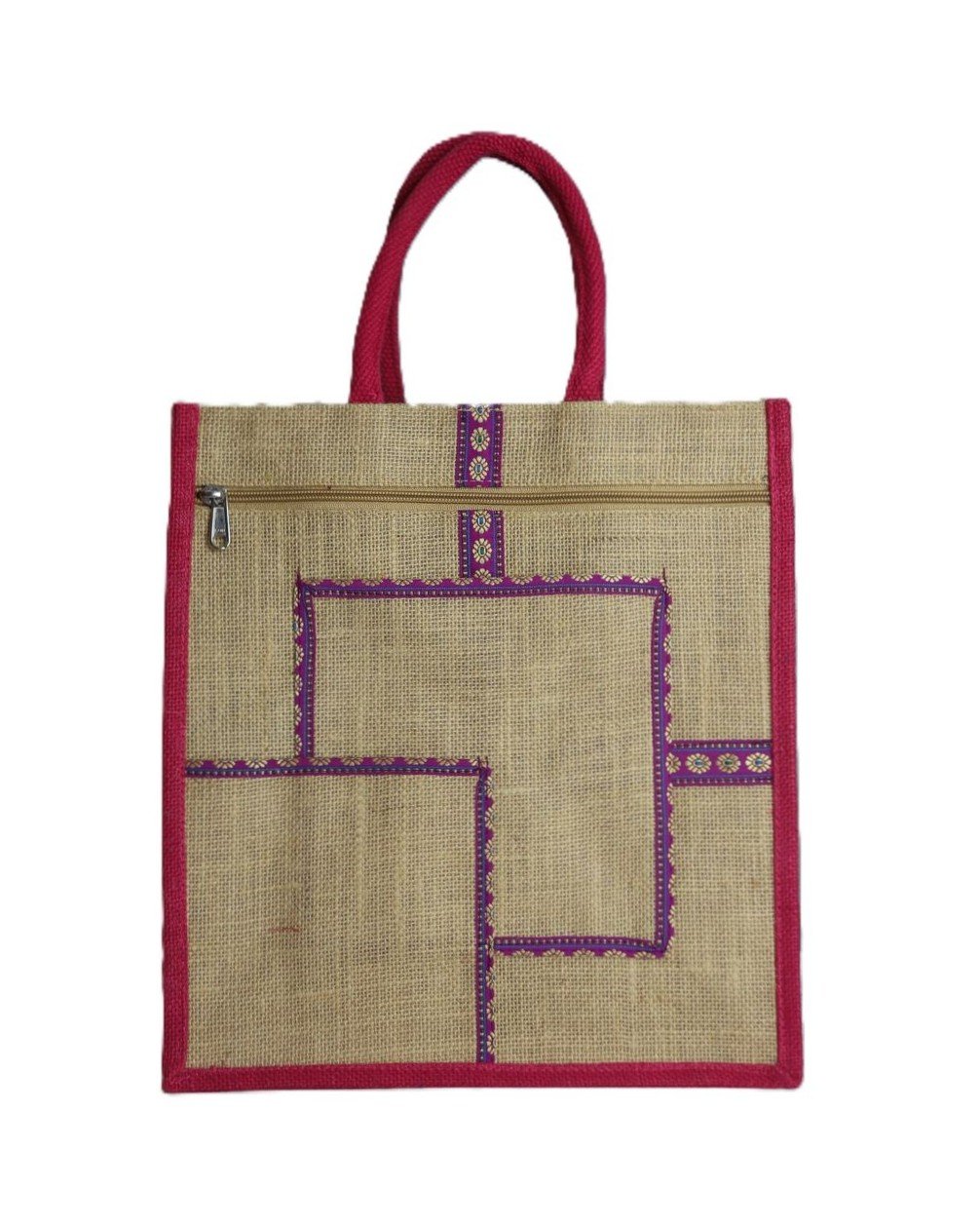 Jute bag with box-styled jari embroidered bag