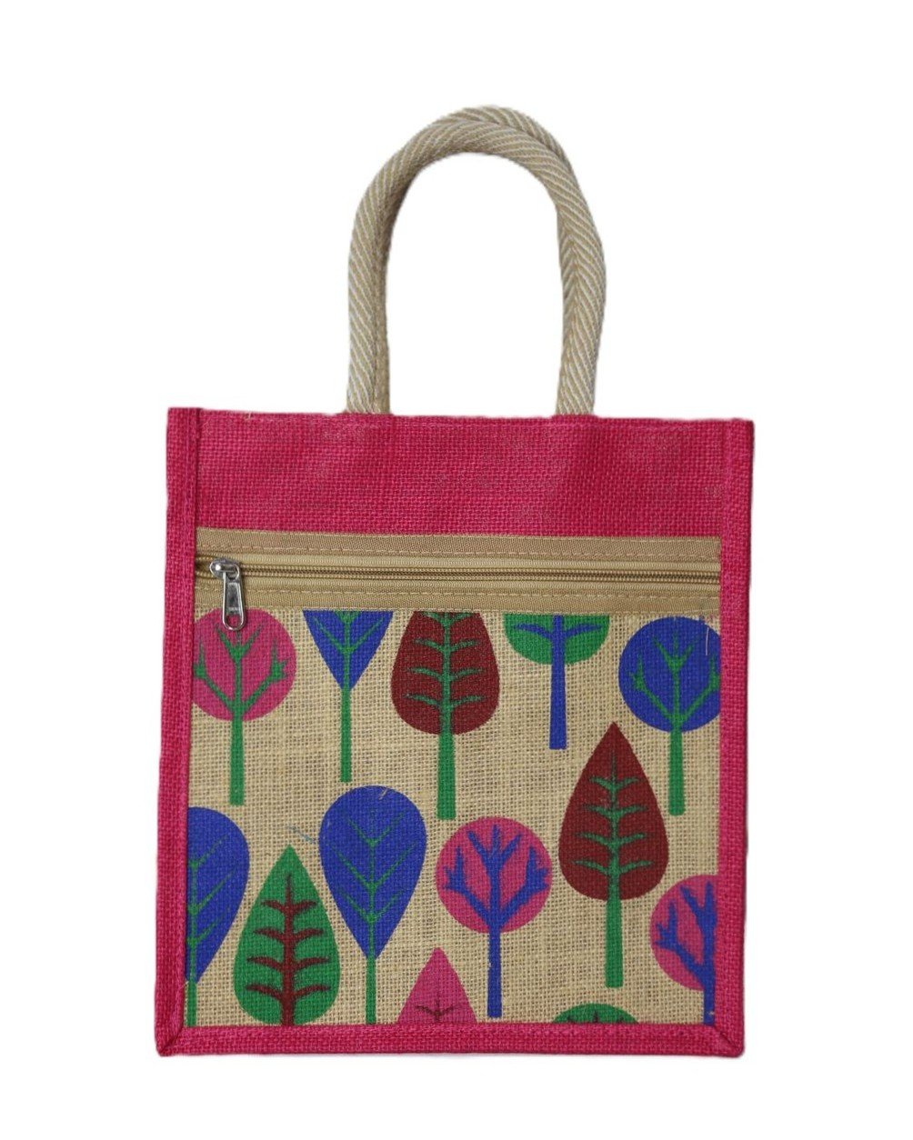 Jute bag with colorful leaf prints