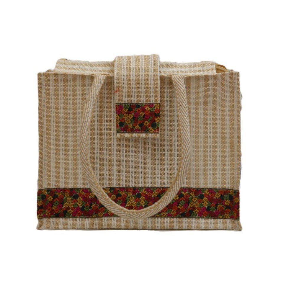 Elegant Handcrafted Jute Tote Bag with Colorful Jari Border - Image 3