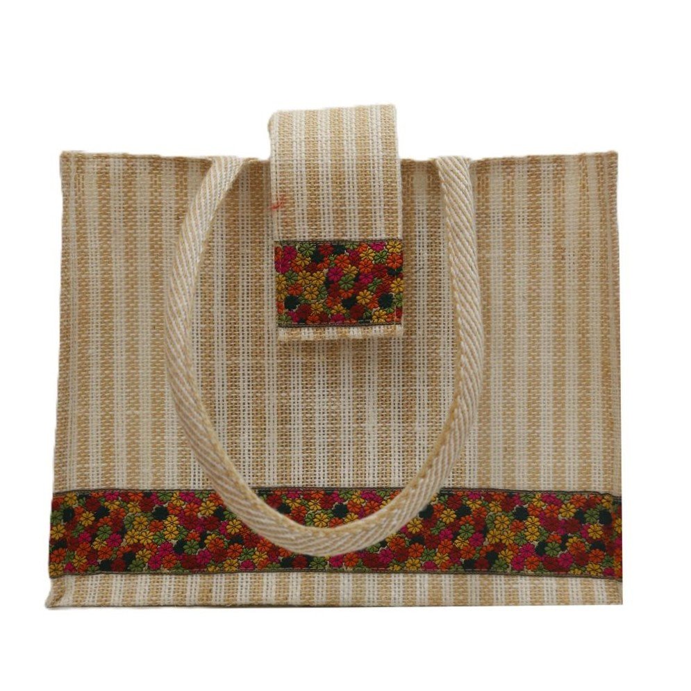 Natural jute bag with wite stripe and jari