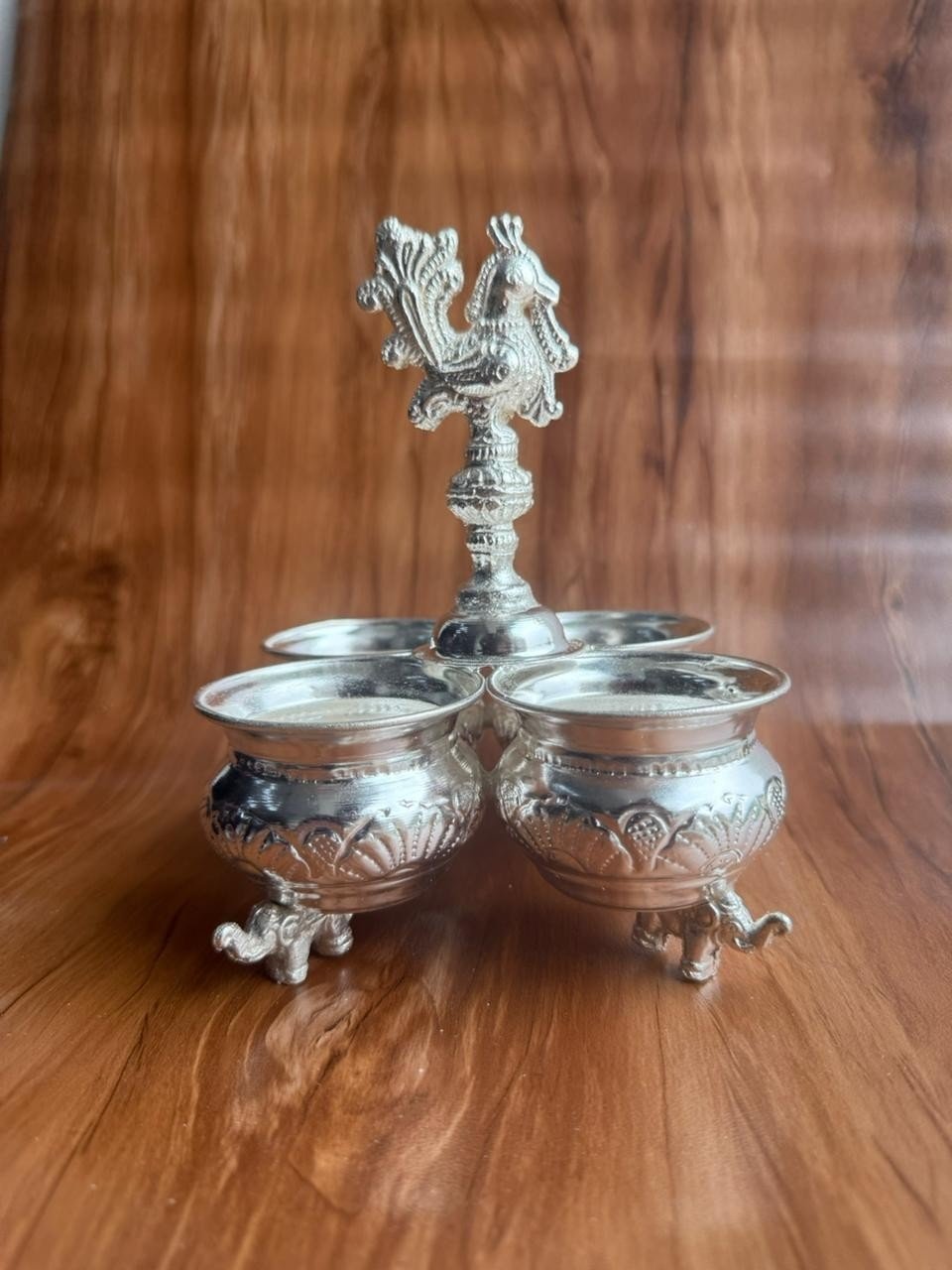 German Silver Four-Pot Pooja Kumkum Holder Set - Image 2