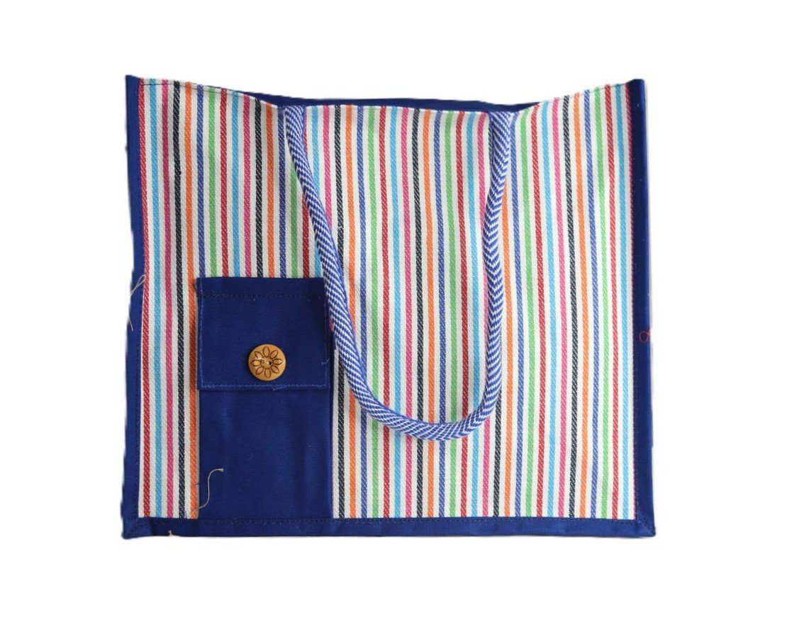 Vibrant Striped Canvas Tote Bag with Zip and Front Pocket - Image 2