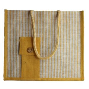 Jute bag with colorful stipe lines and front pouch