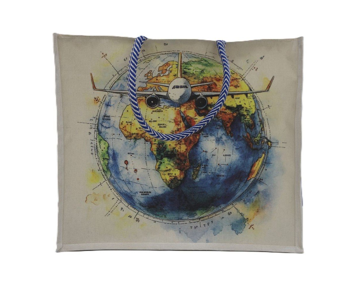 Canvas shopping Bag with World map & plane Travel Print - Image 2