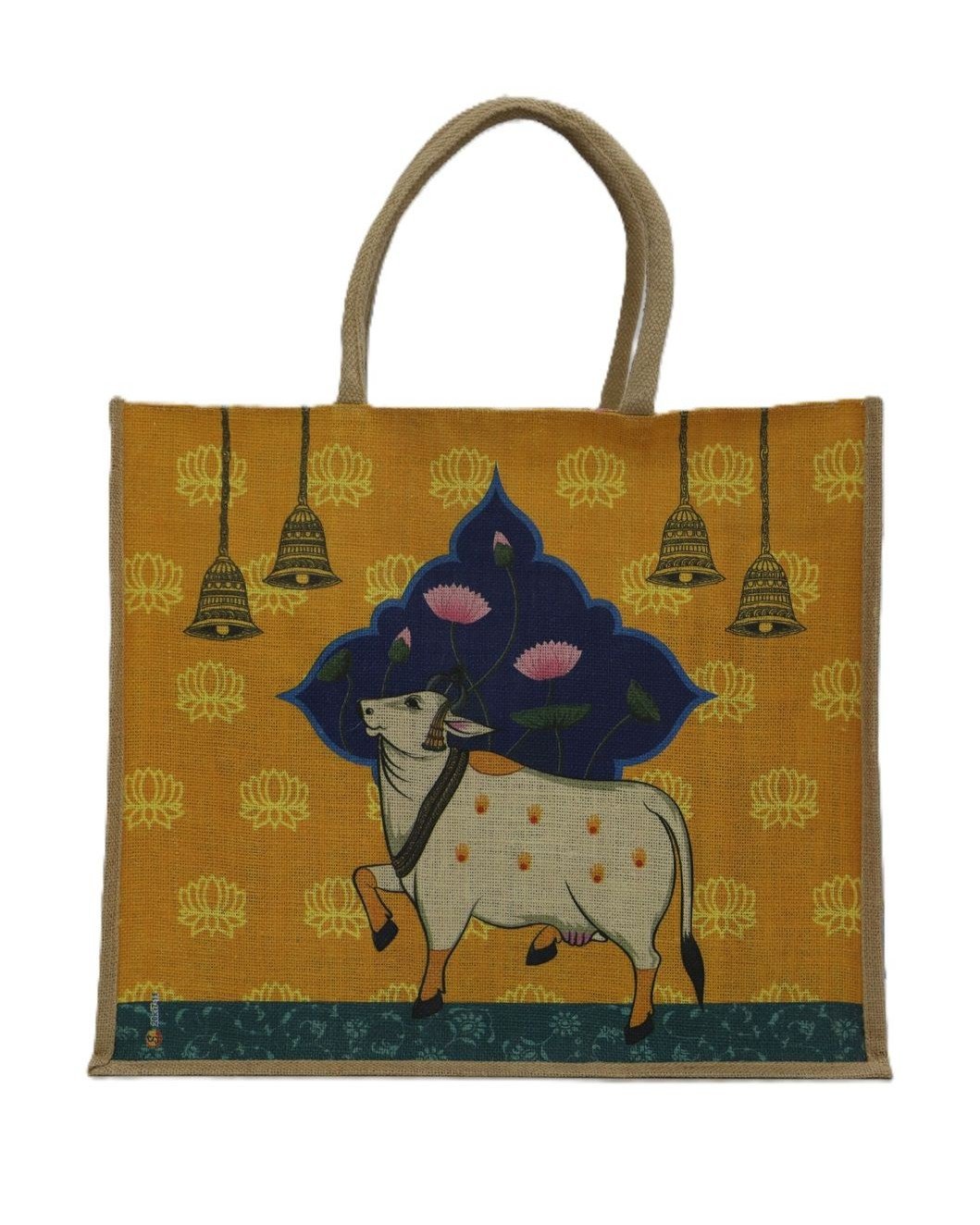 Jute shopping bag with komatha design print