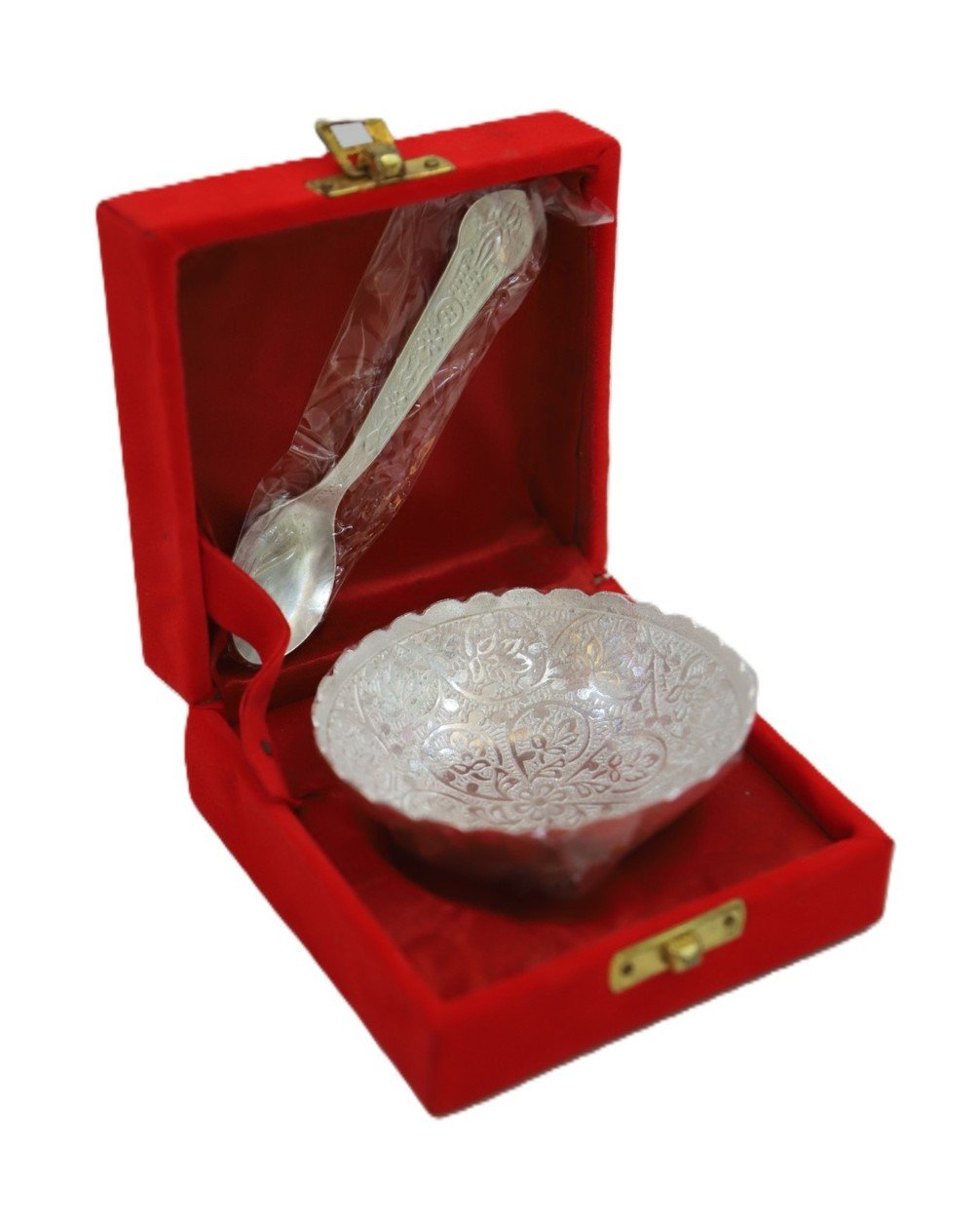 red velvet box with german silver bowl & spoon