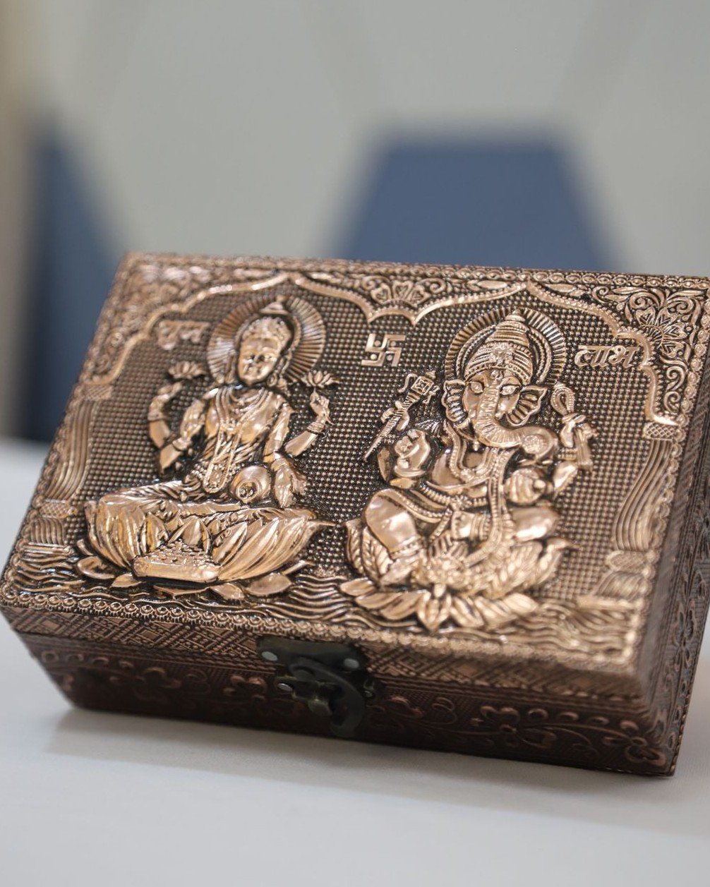 saraswathi & Ganesha designed copper finish jewel box