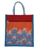 Jute shopping bag with colorful peacock feather design