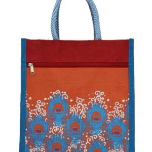 Jute shopping bag with colorful peacock feather design