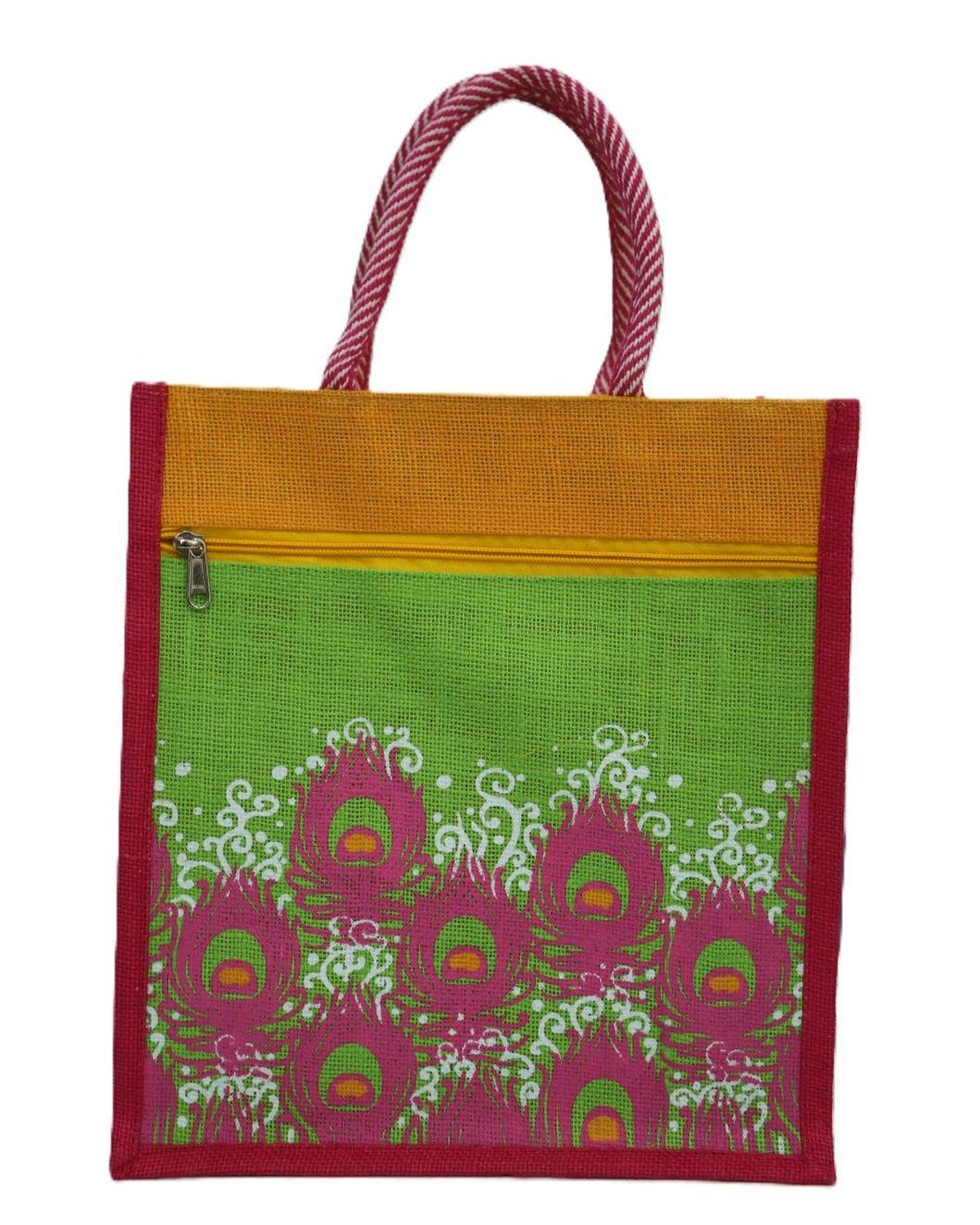 Jute Bag with Colorful Peacock Feather - Image 2