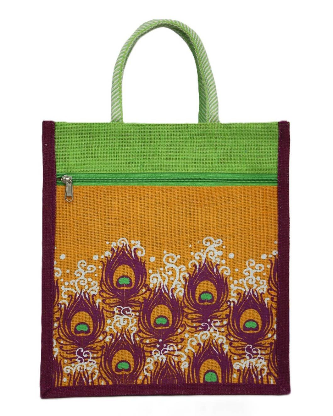 Jute Bag with Colorful Peacock Feather - Image 3