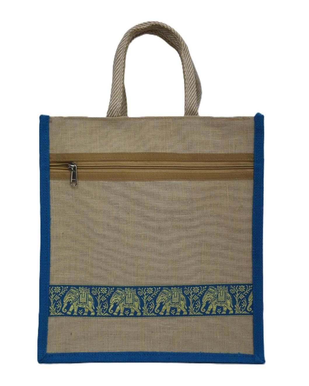 Jute bag with jari design and front zip
